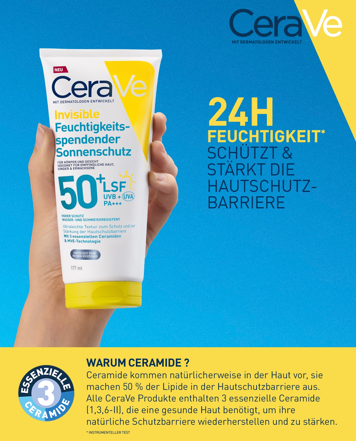 Frau hält CeraVe Invisible Sonnenschutz LSF 50+ Tube. Text: 24H Feuchtigkeit. Schützt & stärkt die Hautschutzbarriere.